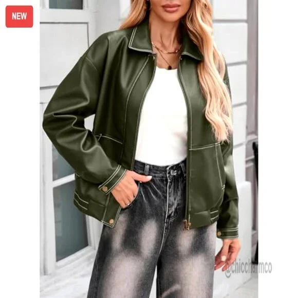 Faux Leather Bomber Jacket Oversized Fit Zip Up Women's Fall Winter Coat